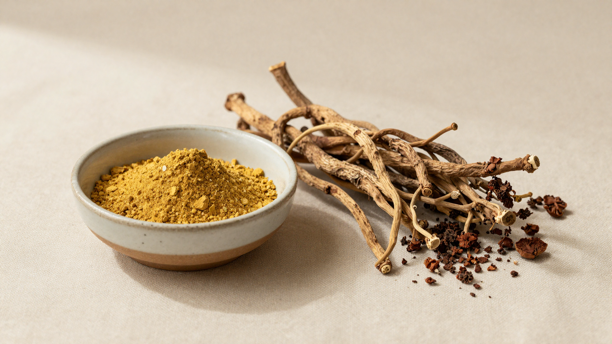 Ashwagandha root and golden powder in a ceramic bowl