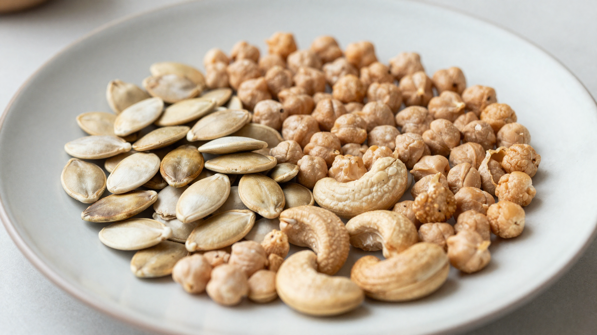 Zinc-rich pumpkin seeds, chickpeas and cashews on a plate