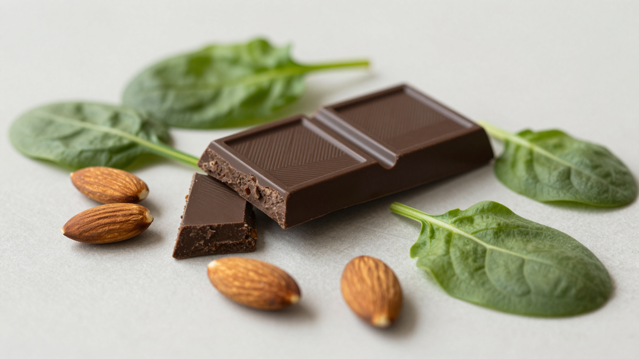 Dark chocolate, almonds and spinach leaves