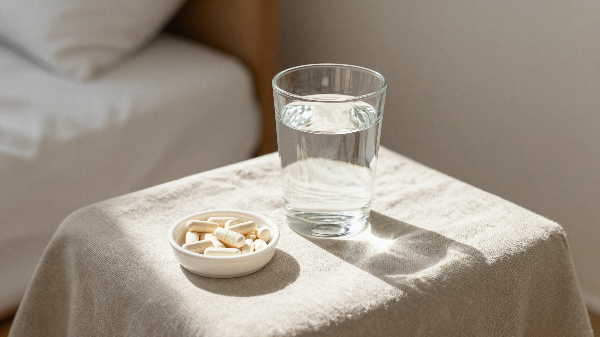 A glass of water and supplements on a sunlit bedside table
