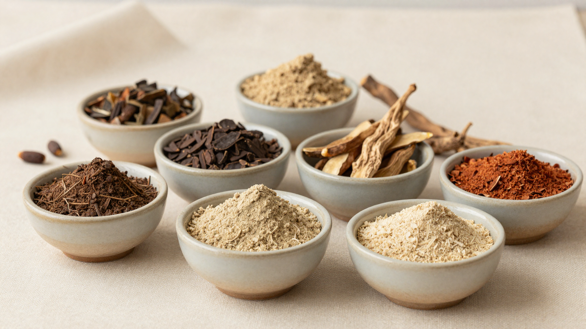 Adaptogenic herbs and powders in ceramic bowls on linen