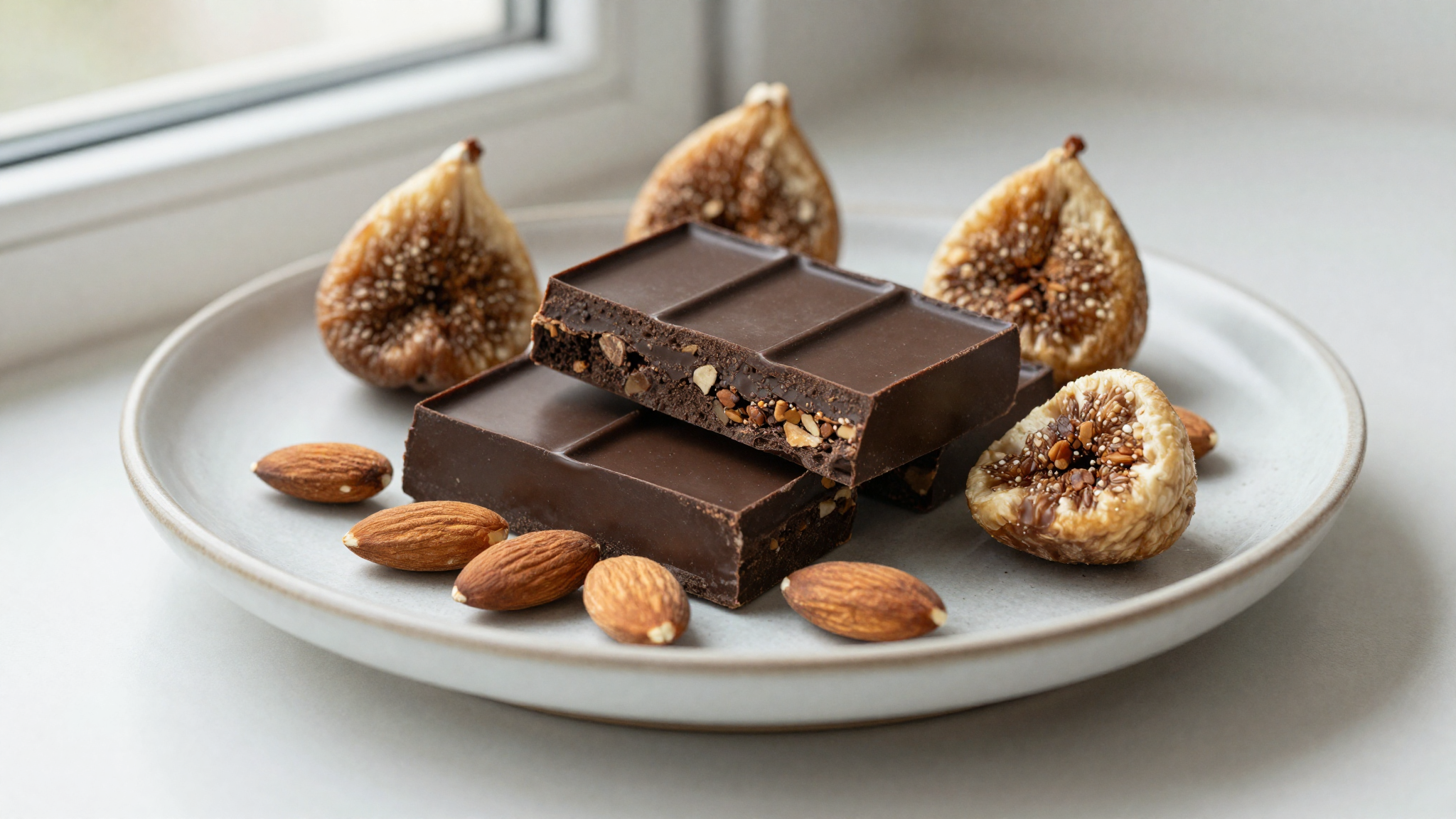 Dark chocolate, almonds and dried figs on a ceramic plate
